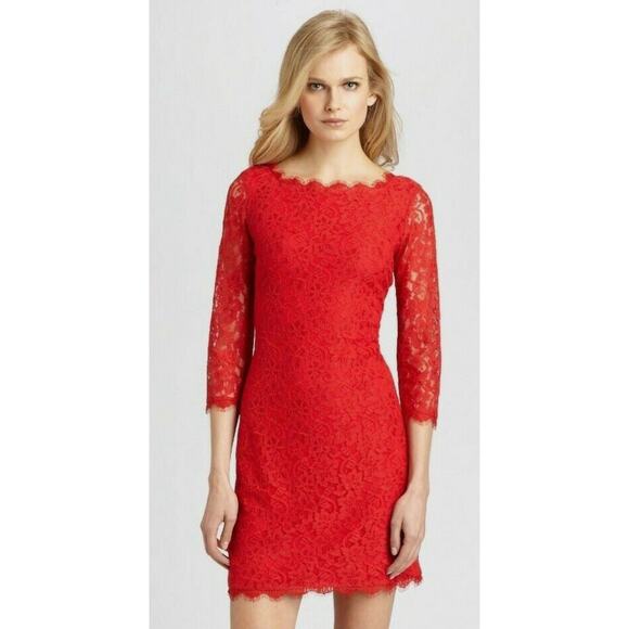 Diane Von Furstenberg Lace Zarita Scoop Mini Dress Womens Size 6 Red DVF - Picture 1 of 11